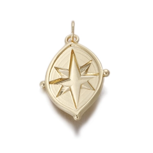 Close-up of gold starburst embossed oval pendant with beaded edge detail