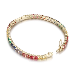 Detailed close-up of rainbow cubic zirconia tennis bracelet with secure box clasp