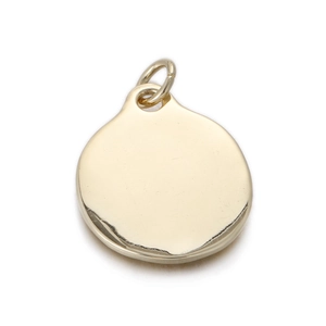 Detailed view of a round light gold metal pendant with a smooth polished surface