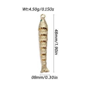 Detail of 14k gold-plated articulated koi fish pendant with size measurements and specs