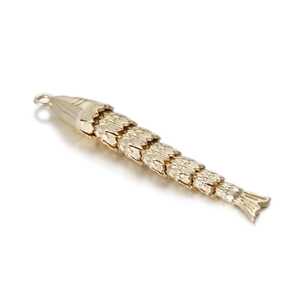 Articulated golden koi fish pendant with movable joints and detailed engraved scales