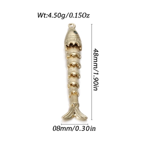Detailed view of a 48mm 14k gold-plated fishbone pendant with size and weight annotations