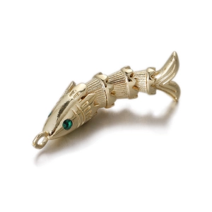 Articulated 14k gold-plated fish pendant with green gemstone eyes and flexible body