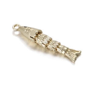 Detailed macro view of a 14k gold-plated articulating fish pendant with moving joints