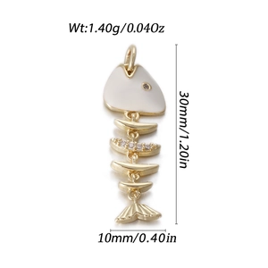 Detailed size view of the 14k gold-plated fishbone pendant with white enamel and measurements