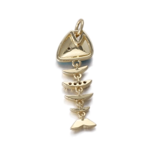 Detailed view of a flexible golden fishbone pendant with movable linked segments