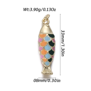 Detailed view of colorful enamel koi fish pendant with 14k gold plating and dimensions