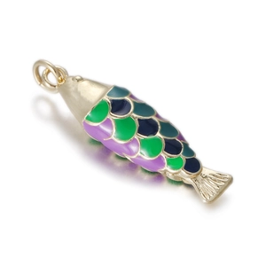 Detailed close-up of a 14k gold-plated koi fish charm with colorful enamel scales