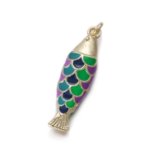 Detail of 14k gold-plated fish pendant with colorful enamel scales and hanging loop