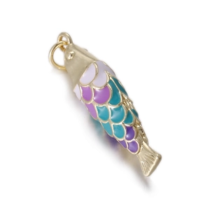 Macro detail of 14k gold plated koi fish pendant with colorful gradient enamel finish