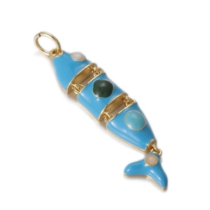 Articulated fish pendant with light blue enamel and colorful beads in 14k gold finish