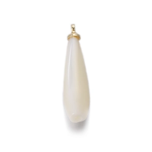 Macro shot of white teardrop shell pendant with golden metal loop for jewelry