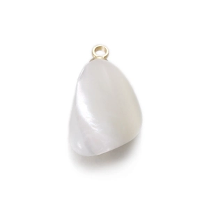 Close-up of organic white mother of pearl pendant with polished gold metal bail
