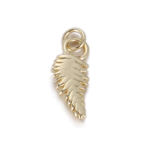 Detailed view of leaf shaped 14k gold plated copper charm pendant for DIY jewelry