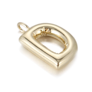 Polished gold 3D letter D pendant showing smooth metallic texture and round bail ring