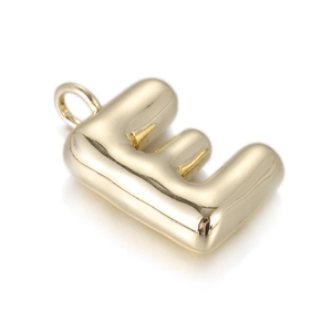 Detailed close-up of 3D puffy gold letter E pendant with a smooth metallic finish