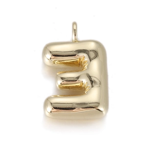 Detail of a 3D gold balloon letter E pendant with a high-polished finish and metal ring