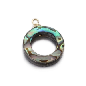 Macro detail of round iridescent mother of pearl pendant with gold ring for DIY jewelry