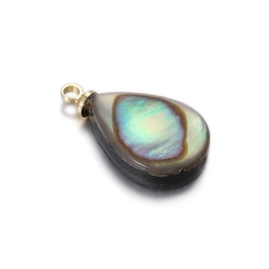 Macro view of teardrop abalone shell pendant with natural iridescent green and blue hues