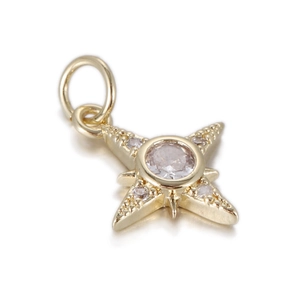 Detailed macro view of an 14k gold plated eight-pointed star pendant with sparkling zircon