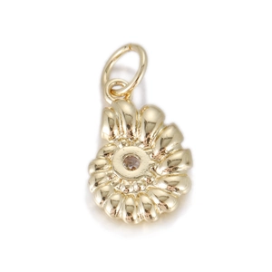 Detailed close-up of 14K gold plated brass snail shell pendant with zircon inlay