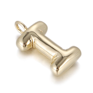 Close-up of polished gold letter I pendant with 3D design and integrated hanging loop
