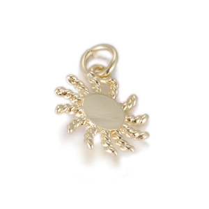 Detailed macro view of 14k gold-plated sun charm with twisted texture rays and smooth center