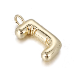 Detailed view of golden 3D bubble letter J pendant with polished metallic texture