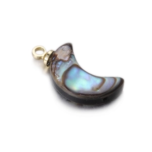 Macro detail of crescent moon shell pendant with iridescent mother of pearl and gold loop
