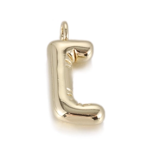 Close-up of golden bubble letter L pendant with high-polished metallic mirror finish