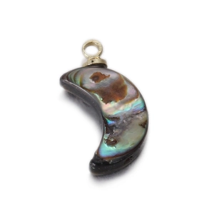 Close-up of crescent shell pendant with iridescent texture and gold metal loop