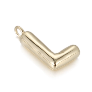 Detailed macro view of 3D balloon style golden letter L pendant with a polished mirror finish