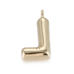 Close-up of a 3D balloon-style letter L pendant in polished gold with a glossy finish