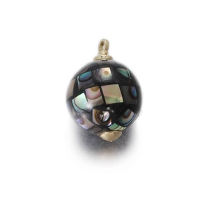 Macro detail of spherical abalone shell pendant with golden loop and iridescent finish