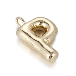 Detail of metallic gold balloon-style letter P pendant with smooth polished mirror finish