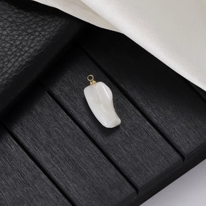 Natural white shell organic pendant with gold ring on elegant textured background