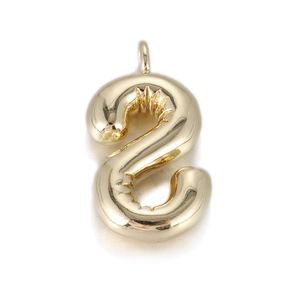 Detailed macro view of gold letter S pendant with a 3D balloon design and mirror finish