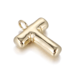 Detailed view of polished gold 3D puff letter T pendant with a high-shine finish