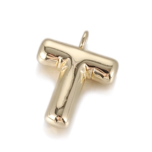 3D bubble style alphabet letter T pendant with polished gold finish and ring bail