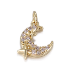 Bohemian 14k gold plated crescent moon pendant with cubic zirconia stars for DIY jewelry