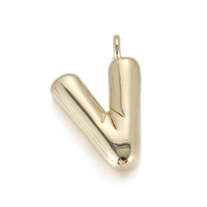Polished golden bubble letter V pendant with glossy metallic finish and 3D rounded design