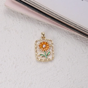 Bohemian tarot style sunflower pendant with colorful enamel oil painting and pearl