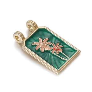 Detail of floral tarot pendant with gold frame, green enamel, and double hooks