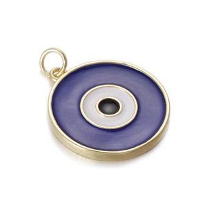 Detailed close-up of a blue evil eye pendant with gold-plated metal and enamel finish