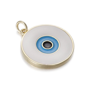 Detail showing round golden Evil Eye pendant with blue and white enamel for DIY jewelry