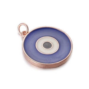 Macro detail of enamel evil eye charm pendant in rose gold finish for DIY jewelry