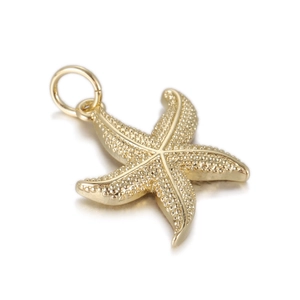 Detailopname van een gouden zeester hanger met getextureerd oppervlak en ophangoog