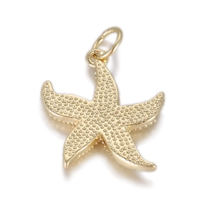 Macro-opname van gouden zeester hanger met korrelige textuur en metalen ophangoog