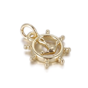 Gedetailleerd vooraanzicht van een gouden scheepsstuurwiel hanger met anker voor DIY sieraden