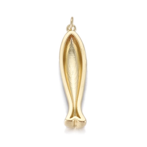 Detailed view of a slender gold-plated fish pendant with a polished grooved surface
